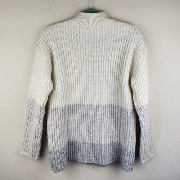 Talbots Cream Gray Colorblock Striped Ribbed Zip Collar Sweater sz S - Picture 2 of 9